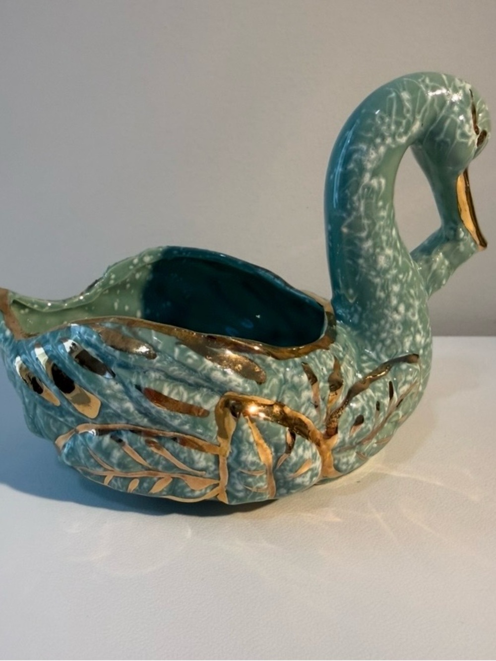 MCM Richardson Swan Planter Turquoise Spatter Glaze 23K Gold Vintage
